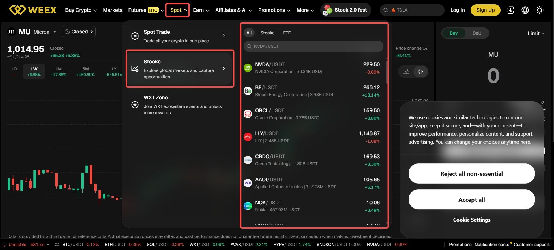 如何在 WEEX 网站交易美股代币 步骤 1:打开 WEEX Stocks 页面