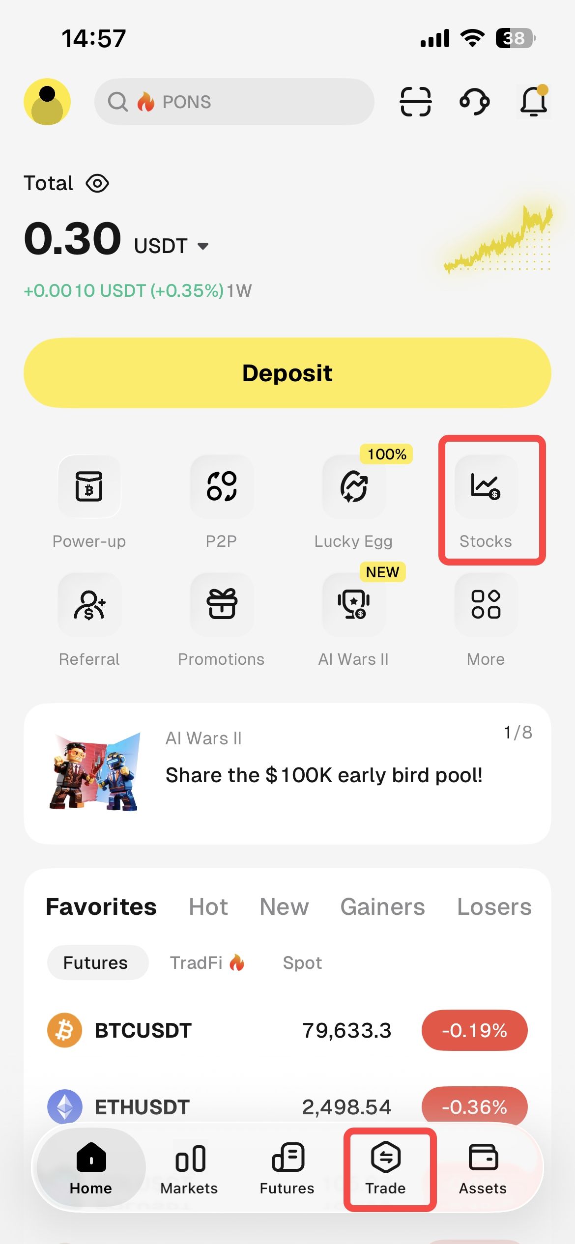 如何在 WEEX App 上交易 AAPL/USDT 步骤 1：打开 Stocks 板块
