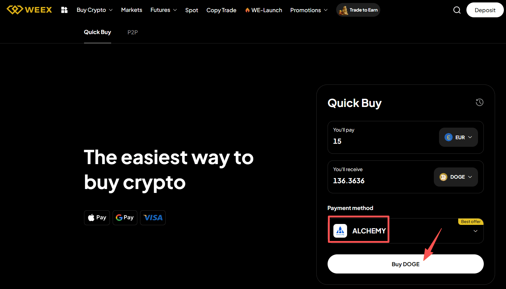 第三步：如何在WEEX上用欧元买入DOGE?Web 版本