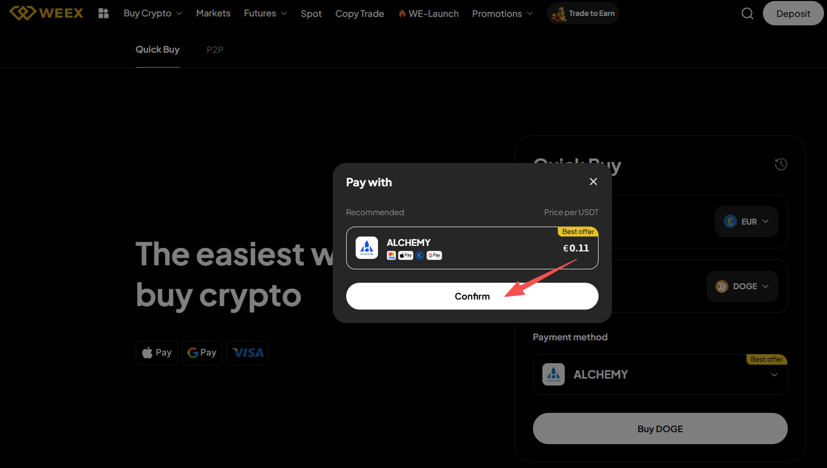 第二步：如何在WEEX上用欧元买入DOGE?Web 版本